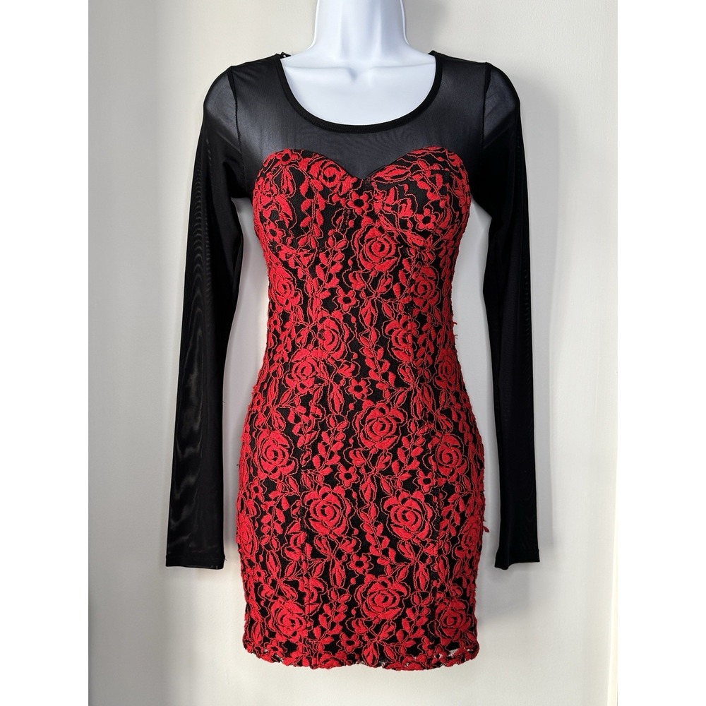 Y2K Material Girl Mesh Lace Mini Dress S Red Rose Goth Grunge Rock Sheer Party